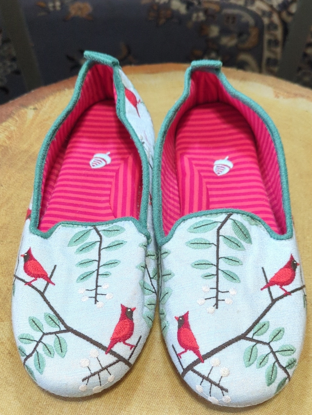 Acorn Light Blue Slip-On Flats with Red Cardinal Embroidery and Pink Lining NEW!